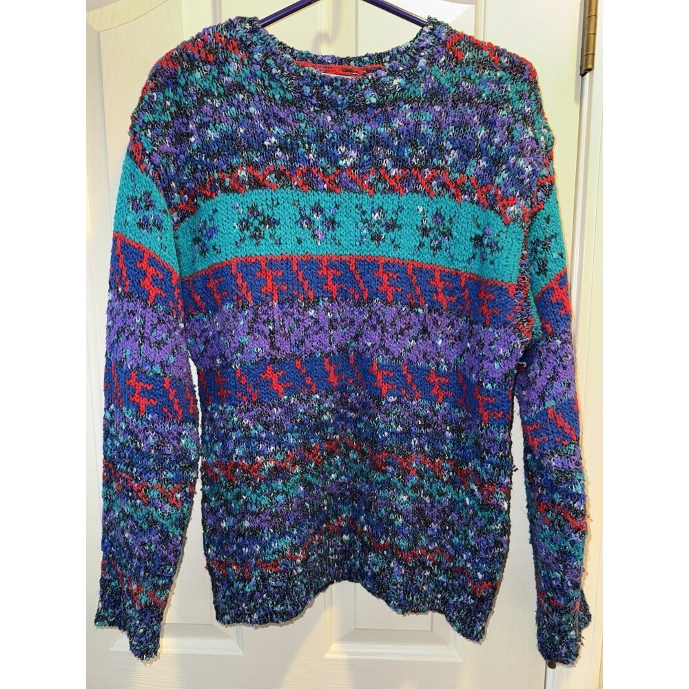 Vintage Objectives Chunky Knit Blue Purple Acrylic Sweater Large Grannycore